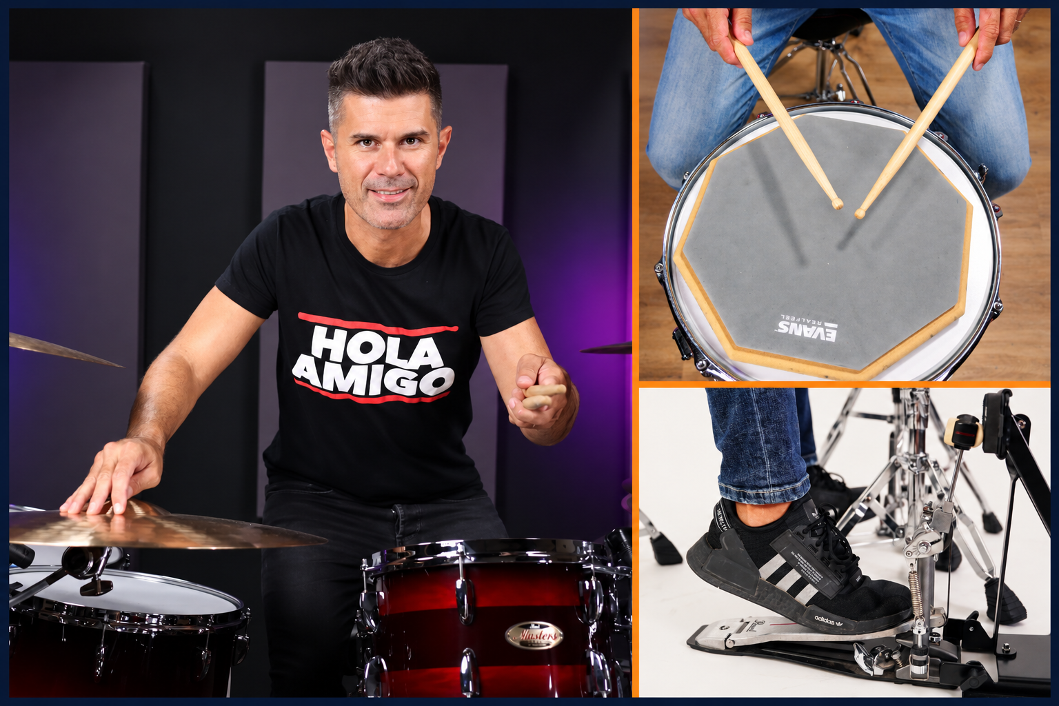 Corrado Dado Bertonazzi alla batteria, con dettagli delle mani sul practice pad e del piede sul pedale: Bundle Essenziali
